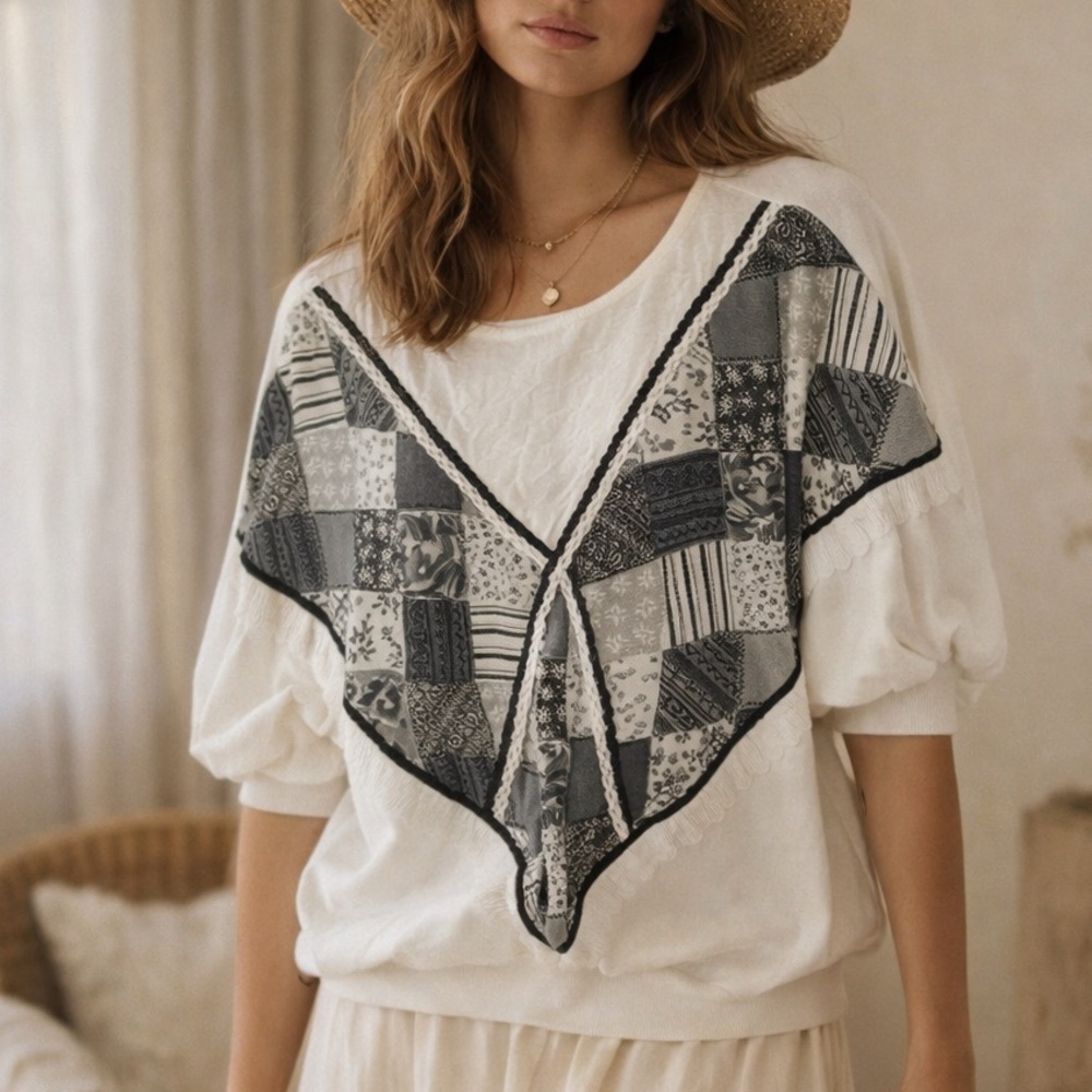 90s Vintage Patchwork Lace Trim Cottagecore Puff Sleeve Sweater Top Plus 22